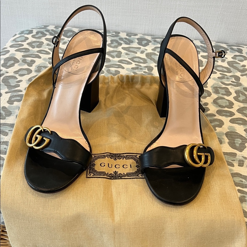 Gucci Black Sandals with Gold Buckle